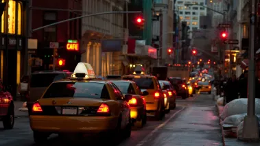New York, USA - Several yellow taxi cabs wait in traffic, March 2011