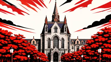 Illustration in red, white, and black of the UPenn campus.