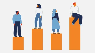 Men and women in unequal positions on bar graphs concept showing bias and discrimination