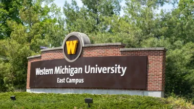 Sign marks the entrance to Western Michigan University East Campus in Kalamazoo