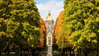 University of Notre Dame is a private Catholic research university established in 1842. The Golden Dome is a historic landmark on campus at the main building.