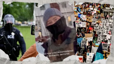 Collage of protesters and ICE agents for FIRE lawsuit.