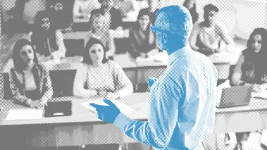 Black and white photo of students in a college lecture hall looking at a professor who is shaded blue.