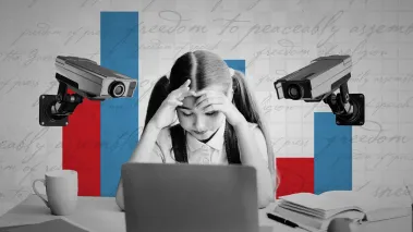Illustrated collage showing a young girl looking at a laptop with her hands on her head, indicating stress, with surveillance cameras looking over each shoulder.