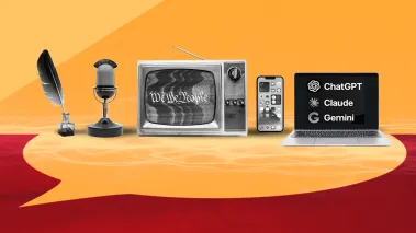 Pen and quill, television, and a laptop with the words "Ai ChatGPT Claude Gemini" on the screen against a yellow background.