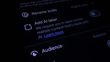 Close up image of Instagram on a smartphone with "Add AI Label" to ensure transparency on created content. (Image via Shutterstock.com)