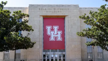 University of Houston banner on the Ezekiel Cullen building on campus. (Image via Shutterstock.com)
