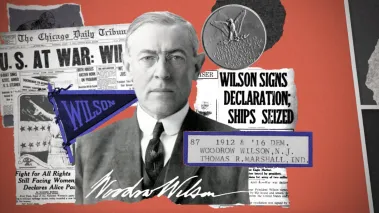 Collage showing Woodrow Wilson in front of newspaper headlines about censorship under his administration.