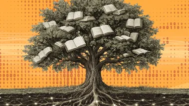 Illustration showing the tree of knowledge with books in the branches and digital network in the roots.