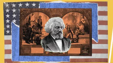 Collage showing Frederick Douglass in front of the USA flag