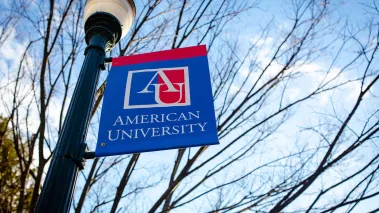 Flag banner on a light post at the campus of American University in Washington DC (Image via Shutterstock.com)