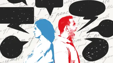 Illustrated collage showing a blue-tinted woman and red-tinted man yelling black speech bubbles