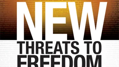 Cover of the book "New Threats to Freedom" with the title above a background showing the page of a book.