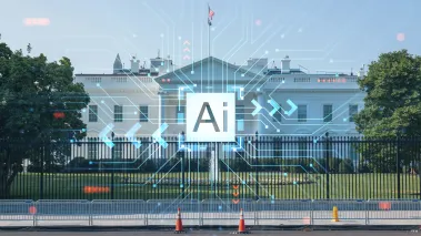 Image of the White House in DC with a hologram network and "AI" superimposed