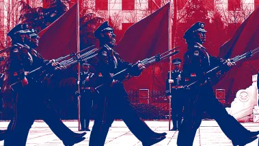 Chinese soldiers marching, depicted in the tritone colors of the Texas flag