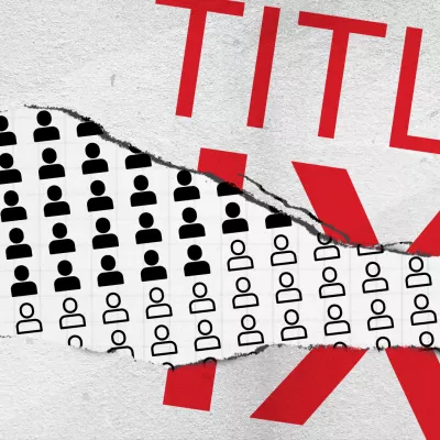 The words "Title IX" on a ripped sheet of paper