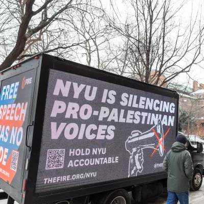 Billboard truck with a FIRE ad that reads: "NYU silencing pro-Palestinian voices"