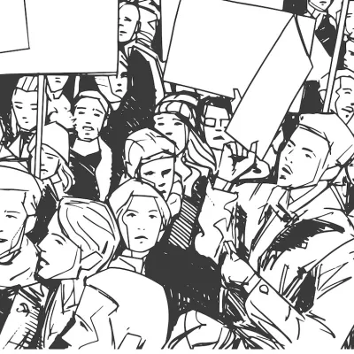 BW illustration of people protesting with blank signs and banners