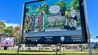 “Body & Voice” portrays a group of distraught-looking pregnant women asking a group of men “Do We Not Have A Voice About Our Own Body?”