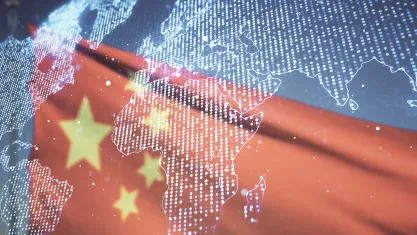 Digital graphic world map hologram on flag of China and blue sky background
