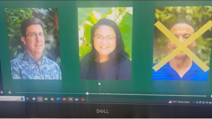 Slide with an image of law professor Ken Lawson alongside two other administrators at the University of Hawaii