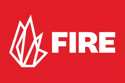 FIRE in all capitals in white letters on a red background