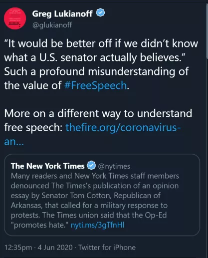 Tweet re: Sen. Cotton's op-ed and James Bennet