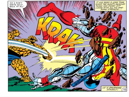 The Thing throws Colossus through a building