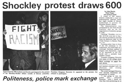 Article in the Yale Daily News showing protesters disrupt an event featuring controversial speaker William Shockley at Yale University on April 15, 1974.