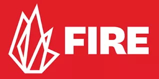 FIRE logo in all capital white letters against a red background