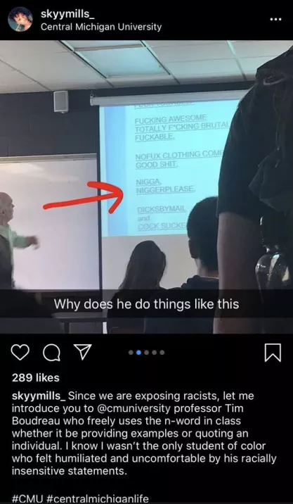 A student's Instagram post criticized Boudreau's mentions of slurs deemed protected by the Supreme Court in another case he taught, Matal v. Tam, about disparaging trademarks.