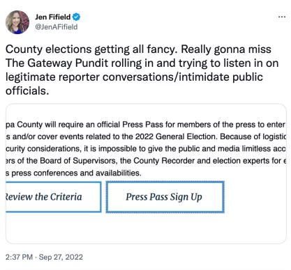 Tweet: Really gonna miss The Gateway Pundit rolling in and trying to listen in on legitimate reporter conversations