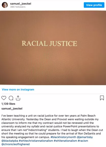 Screenshot of Samuel Joeckel Instagram post about Palm Beach Atlantic University