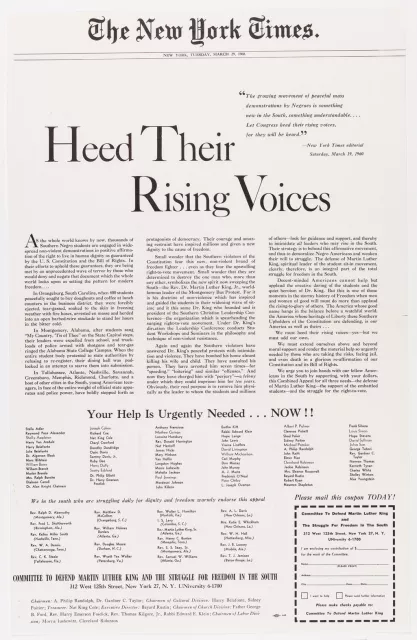 This advertisement is an exhibit from the court case Abernathy v Patterson involving Martin Luther King, Jr. The advertisement calls for support of the civil rights movement and is signed by 100 prominent citizens.