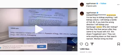 Afroman Instagram post about police accusations of kidnapping