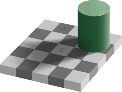 The checker shadow illusion. Square A is exactly the same shade of grey as square B.