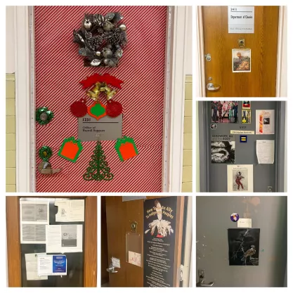 Collage of signs posted to doors at Brooklyn College