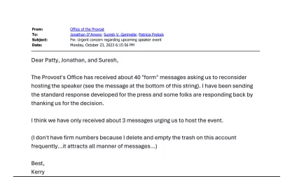 Oct. 23, 2023 email from the University of Vermont provost office to organizers of pro-Palestinian speaking event.