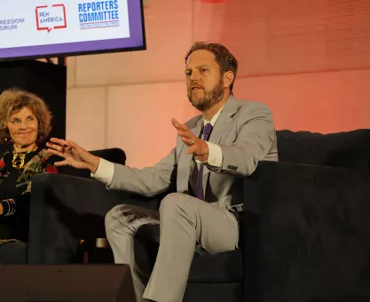 Will Creeley speaks on a panel at the National First Amendment Summit in Philadelphia, Pennsylvania, Sept. 13, 2023. 
