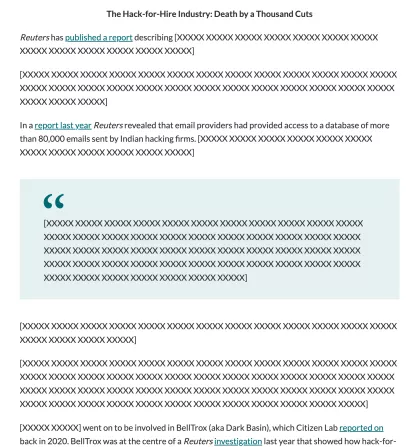 Screenshot of Lawfare blog about Reuters Appin article showing the article X'd out