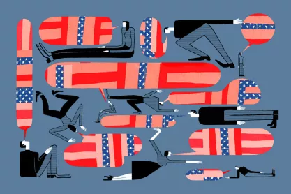 Cartoon illustration of people speaking and in their speech bubbles are red white and blue, concept indicating the USA flag.