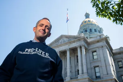 Jeff Hunt wearing "Pro Life U" sweatshirt