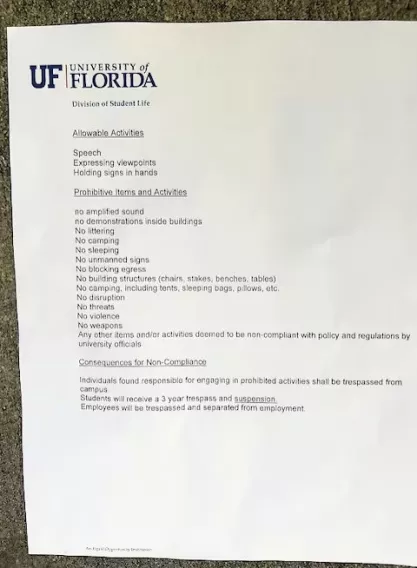 University of Florida protest rules flyer