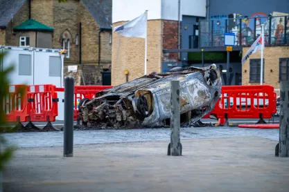 Aftermath of protests and riot in the city centre of Sunderland on the evening of 2nd August 2024. Car vandalised and set on fire.