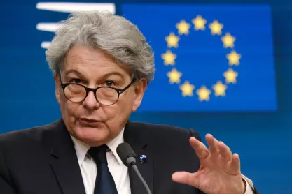 European Commissioner Thierry Breton gives a presser at the end of EU ministerial conference in Brussels on March 7, 2024