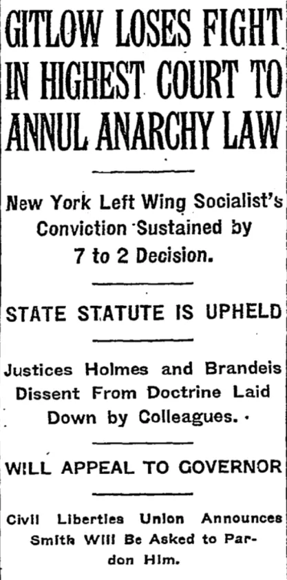 New York Times headline of Benjamin Gitlow losing case before Supreme Court in 1925