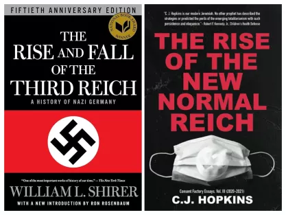 Book covers of "Rise and Fall of the Third Reich" by William Shirer and "Rise and Fall of the New Normal Reich" by CJ Hopkins