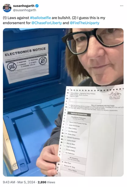 Susan Hogarth post to X that ballot selfie laws are bullshit on March 5 2024