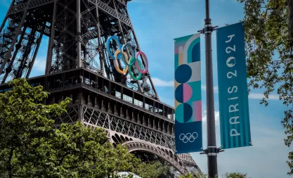 The Olympic Rings installed on the Eiffel Tower ahead of the Paris 2024 Olympic Games 