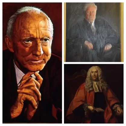 Collage of Justice Hugo Black on the left, Robert Bork top right, and William Blackstone bottom right